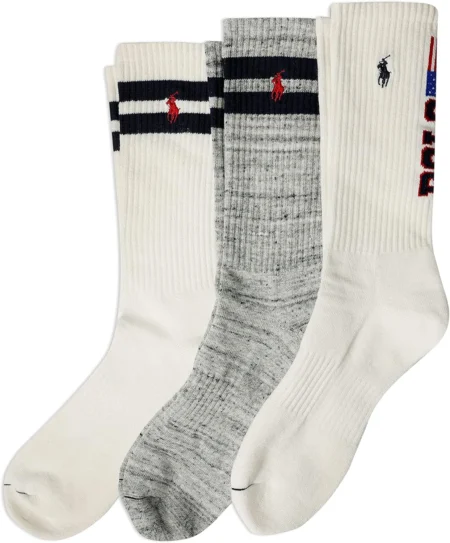 POLO RALPH LAUREN Men's Classic Sport Americana Crew Socks - 3 Pair Pack - Arch Support and Cushioned Cotton Comfort
