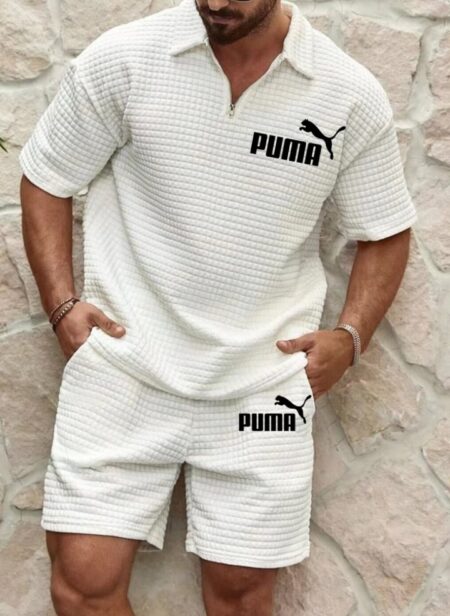 PUMA® Men's Waffle Print Zip-Up Shirt and Shorts Set
